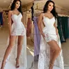 Chique korte boho trouwjurk met afneembare sleep sexy spaghettibandjes strand bohemien 2 in 1 bruidsjurk kant gatsby bruid vestidos novias boda 2024 robe de mariee