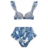 Maillots de bain pour femmes Style Resort Bohême Manches à volants Soutien-gorge bandeau Taille haute Ensemble de bain Imprimé floral Bikini Femmes Été 2pcs