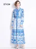 Niche Design Women's Vintage Printed Maxi Dress With Belt Elegant Cardigan Single Breasted Dress Hem Lining Long Sleeve Vestido