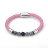 Bedelarmbanden Zwarte Onyx Baby Roze Steenkralen Roestvrij staal Echt Dusky Rose Lederen Magneetslot Unisex Armband