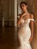 Abito da sposa elegante a sirena con scollo a cuore in pizzo, spalle scoperte, maniche corte, abiti da sposa a tromba con applicazioni lucide di fiori 3D