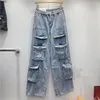 Kvinnors jeans 2024 Spring Autumn Spicy Girl Cool Fashion Big Pocket Halo Dye Gradient Design Denim Women Wide Leg Pants LX189