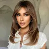 Synthetic Wigs Cosplay Wigs Ombre Brown Layered Synthetic Wigs With Bangs Medium Length Natural Straight Hair Wigs for Women Daily Heat Resistant Fake Wig 240327