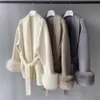 Aangepaste handgemaakte outdoor winter gordel dubbel geconfronteerd vrouwen klassieke kasjmier jas luxe echte grote vossenbont manchet witte wol