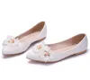 Flats witte kanten trouwschoenen bloem bruidsjurk puntige teen ballerina schoenen slipon boog platte schoenen