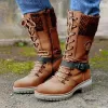 Boots Fashion Brand Winter Mid Calf Boots Women Round Toe Square High Heel Snow Boots Lace Up String Warm Shoes 2021 New