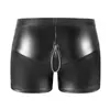 Cuecas Mens Boxers S-5XL Boxer Shorts Brilhante Couro Show Pacote Hip Cuecas U-Zipper Open Crotch Undershorts Sexy Underwear 24319