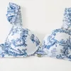 Damen-Bademode, Resort-Stil, Bohemia, Rüschenärmel, Bandeau-BH, hohe Taille, Badeset, Blumendruck, Bikini, Damen, Sommer, 2 Stück