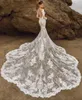 Nyaste illusion bröllopsklänning sjöjungfru spets djup v-hals hals full ärmar kapell tåg plus storlek brud klänning 2024 vestidos de novia mariage