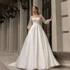 Classic Satin Wedding Dress 2024 Women O-Neck Full Sleeves Embroidery Lace Bride Gowns Vestidos De Novias Robe De Mariage