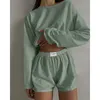 Mulheres pijamas conjunto primavera manga longa topos com shorts sleepwear 2 peça conjunto solto em torno do pescoço casa wear loungewear pijama femme 240314