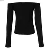 Women's T-Shirt Fashion T Shirts Women 2024 Off The Shoulder Long Sleeve Skinny Top Tee Solid Elegant Chic All-Match T-Shirt Daily StreetwearC24319