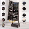 Storage Boxes Jewelry Cabinet Freestanding Lockable Organizer With 3-position Adjustable Angle Wheels Full-length Mirror