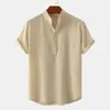 Men's T Shirts Men Solid Color Shirt Stylish Stand Collar Button-up For Business Beach Wear Short Sleeve Loose Fit Top