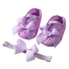 Ensemble élégance en Satin pour bébé fille, chaussures de princesse avec nœud papillon, bandeau, semelle souple, premiers pas, 012M, 240313