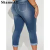 Womens Plus Size Casual Jeans Washed Button Fly Ripped Roll Up Hem High Rise Skinny Jeans240318