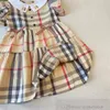Ins Summer Girls Bow Plaid Dresses Children Doll Lapel Flufl Sleeve Lattice Dress Preppy Style Kids CottenDesigner ClothesS1228