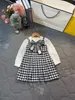 Moda crianças houndstooth vestidos crianças arcos gravata manga longa vestido de princesa INS crianças roupas de grife S1242