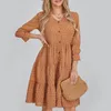 Casual Dresses Women's Fashion A-Line Dress Swiss Dot Long Sleeve V-Neck Front Button High midje Knälängd