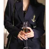 Women's Suits Fall/Winter British Wind Anchor Embroidery Padded Shoulder Blazer Coats Retro Casual Loose Solid Color Belt Suit