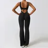 V Back Scrunch Gym Set Women Sport Onepiece Suit Yoga Fleared Pants Sports Jumpsuit Fitness Rompers Workout Bodysuits 240307