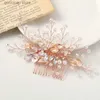 Tiaras Fashion Wedding Rose Gold Comb Headdress Pearl Rhinestone Hair Accessories Bride Handmade Tiara Ladies Prom Jewelry Y240319