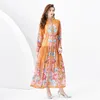 Womens Chiffon Floral Maxi Dress Stand Collar Long Flower Print Cardigan Shirts Dresses Designer Ladies Vintage Lantern Sleeve Casual Beach Party Robes Clothes