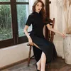 Этническая одежда Cheongsam, женское тонкое длинное черное боковое платье с восемью пуговицами и трехточечным рукавом, модное улучшенное платье Qipao, сексуальное современное