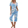 Mulheres de duas peças calças mulheres pijama conjunto manga curta v pescoço t-shirt e capri sleepwear contraste cor floral leopardo lounge ternos