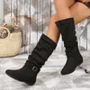 Bottes chaussures femme 2024 fermeture éclair latérale genou-haute femme rétro quotidien femmes bout rond boucle de ceinture plissée plat avec dames