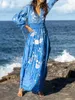 캐주얼 드레스 여성 가락 긴 드레스 버튼 플로럴 프린트 v- 넥 슬리브 패션 휴일 우아한 클래식 다목적 성