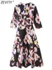 Sukienki imprezowe Zevity Women O Vintage O Neck Aink malarstwo Flower Print Pas Slim Midi Ubranie Office Chicka Pół rękawów Casual Vestidos 5601