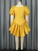 Plus Size Dresses Yellow Shiny Women Mini Club Party Dress Cut Out Chest Wrapping Puff Sleeve Pleated Summer Stylish Gowns Birthday Prom