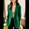 Damenanzüge, schicker grüner lässiger Blazer für Frauen, 2024 Herbst, Büro-Damen, Single Button, lange Ärmel, fester Mantel, formale Rückseite, geteilt, locker