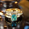 Wedding Rings 3pcs Aqua Blue Stone Square Triple Ring Set Antique Gold Color White Crystal Stacking Engagement For Women Jewelry