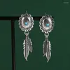 Dangle Earrings Retro Ethnic Handmade Carving Women's Inlaid Turquoise Hanging Long Double Feather Jewelry For Women Wholesale