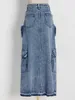 YS021880 Nieuwe Trendy Street Style Meerdere Zakken Cargo Hoge Taille Slit Rechte Jean Rok Vrouwen Lange Denim Rokken