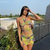 Work Dresses Sexy Print Halter Two Piece Set Dress Sleeveless Crop Top Mini Pleated Skirt Women Clothes Beach Holiday Outdoor Outfits Club