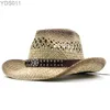 Breda breim hattar hink män kvinnor sommarklassiker västra cowboy str hat raffia ihålig med punk rep kvinnor curling cap 240319