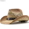 Breda breim hattar hink män kvinnor sommarklassiker västra cowboy str hat raffia ihålig med punk rep kvinnor curling cap 240319