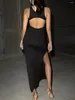 Casual Dresses Fashion Womens Summer Bodycon Tank Dress Solid Color Sleeveless U-Neck Back Cutout High Slit Long Street Style