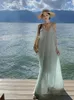 Robes décontractées Été Bleu V Cou Vacances Lâche Plissée Longue Pour Femmes Sexy Dos Nu Bandage Sans Manches Élégant Jolie Robe Boho Chic