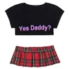 Womens Japanese Lingerie Parties Sexy School Girls Costumes Clubwear Yes Daddy? Letter Crop Tops with Mini Plaid Pleated Skirt 240311