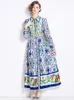 Niche Design Women's Vintage Printed Maxi Dress With Belt Elegant Cardigan Single Breasted Dress Hem Lining Long Sleeve Vestido