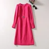 Europese en Amerikaanse dameskleding 2023 herfst nieuwe Ronde hals Lange mouw roze taille bezaaid met kralen Mode jurk XXL