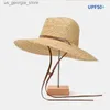 ワイドブリム帽子バケツ帽子自然の手作り小麦strレディースパナマ帽子ネクタイウィンドロープワイドスインハットビーチライフガードラッシュ夏帽子サーフィンY240319