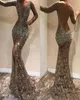 Vintage Sparkly Crystal Prom Evening Dress 2019 Långärmad Deep V Neck Formal Party Gown Sexig Slitt Pageant GownSR PD833227369