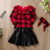 Ensembles de vêtements Emotion Moms Babygirl Robe Col Rond Manches Longues Jupe En Cuir Noir Costume Enfants Automne Vêtements Pour Enfants Vêtements Pour Filles