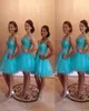 2019 Turquoise Tulle Bridesmaid Dresses with Beaded Scoop Neck Short Prom Party Gowns A Line Graduation Maid of Honor Dress5161128