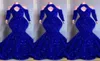 2022 Sexy Bling Royal Blue Paillettes Cristallo spettacolo Paillettes Abiti da ballo Maniche lunghe Sirena Buco della serratura Abiti da sera Elegante Off Sh6991981